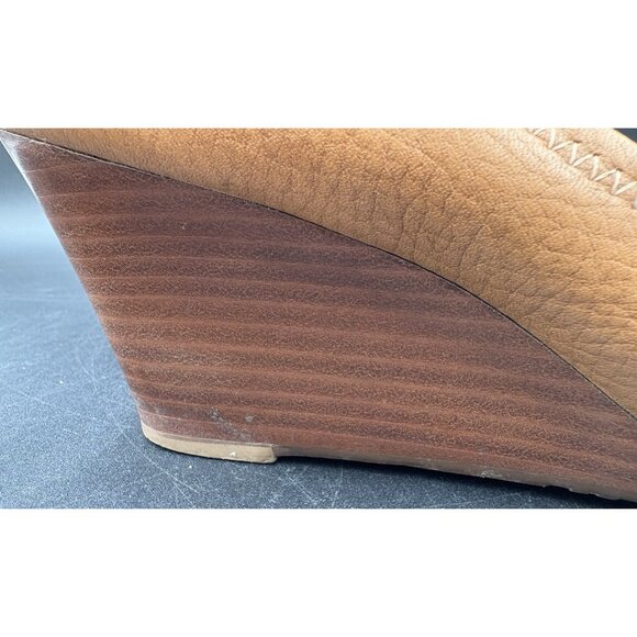 Tory Burch Sally Tan Leather Wedge Heels Gold Metal Logo Women’s Size 9M - Picture 7 of 12